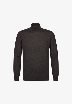 Dunkelgrauer Rollkragenpullover aus weicher Wolle, mit langen Ärmeln und taillierter Passform, die mit gerippten Akzenten am Kragen und den Bündchen versehen ist.
