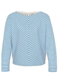 Niebiesko-biały sweter w paski z długim rękawem, wzór w jodełkę, okrągły dekolt i miękka tekstura materiału. Widoczna metka marki wewnątrz.