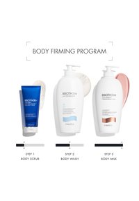 Tre kroppsvårdsprodukter från Biotherm: ett blått rör med kroppsskrubb, en vit pumpflaska med kroppstvål och en vit pumpflaska med kroppsmjölk.