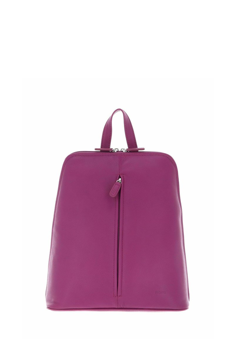 Sac à dos en cuir violet avec une texture lisse, de forme rectangulaire, poignée supérieure et poche zippée à l'avant. Design minimaliste sans embellissements.