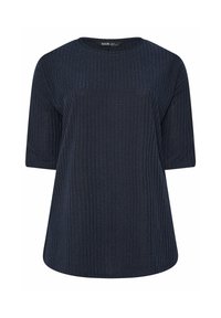 Top corto a maniche corte di colore blu scuro con scollatura rotonda. Il tessuto ha una finitura texture, con strisce verticali in tutto il capo.