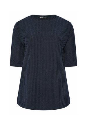 Donkerblauw geribd shirt met korte mouwen en een ronde halslijn. De stof heeft een gestructureerde afwerking en verticaal gestreepte details.