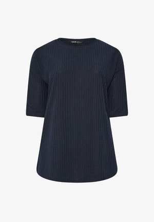 Top corto a maniche corte di colore blu scuro con scollatura rotonda. Il tessuto ha una finitura texture, con strisce verticali in tutto il capo.