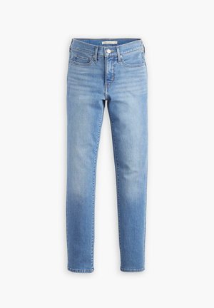 Hellblaue Jeans aus Denim mit geradem Schnitt, fünf Taschen, Knopfverschluss und dezentem Verblassen an Vorder- und Rückseite.