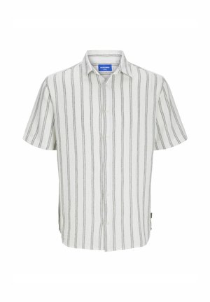 Short-sleeve button-up shirt in white with vertical grey stripes, featuring a collar and a slightly relaxed fit. Soft fabric texture.