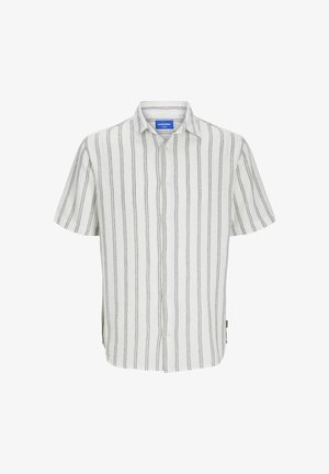 Short-sleeve button-up shirt in white with vertical grey stripes, featuring a collar and a slightly relaxed fit. Soft fabric texture.