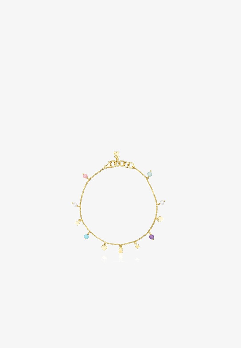 Bracciale dorato con una delicata catena, caratterizzato da perline colorate e ciondoli a forma di cuore e stella, per un tocco di dettagli.
