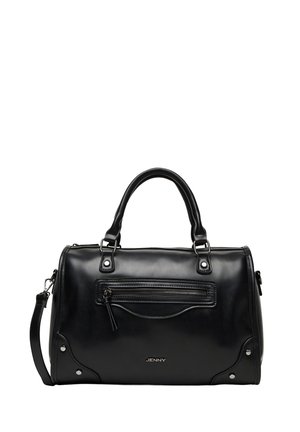 Schwarze Lederhandtasche mit zwei Griffen, einer vorderen Reißverschlusstasche, silbernen Nieten und einem abnehmbaren Schulterriemen.