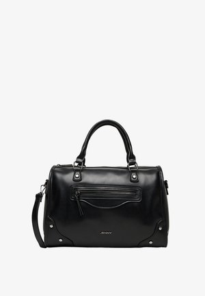 Bolso de cuero negro con dos asas, un bolsillo delantero con cremallera, detalles de remaches plateados y una correa de hombro desmontable.