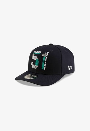 Black cap with a structured design, featuring assorted white and teal text detailing achievements. Curved visor and adjustable snapback closure.
