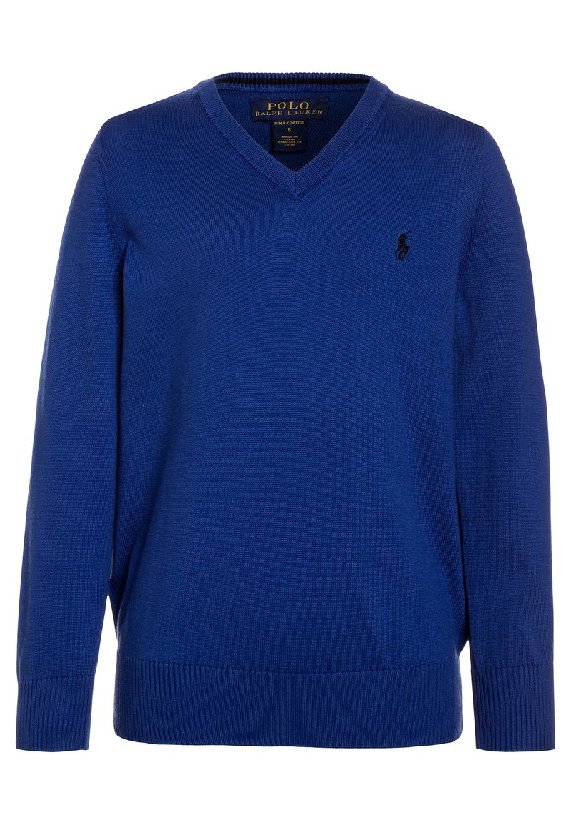 Blå v-ringad tröja i fin bomull, med ribbade ärmslut och nederkant, samt en liten broderad logotyp på vänster bröst.