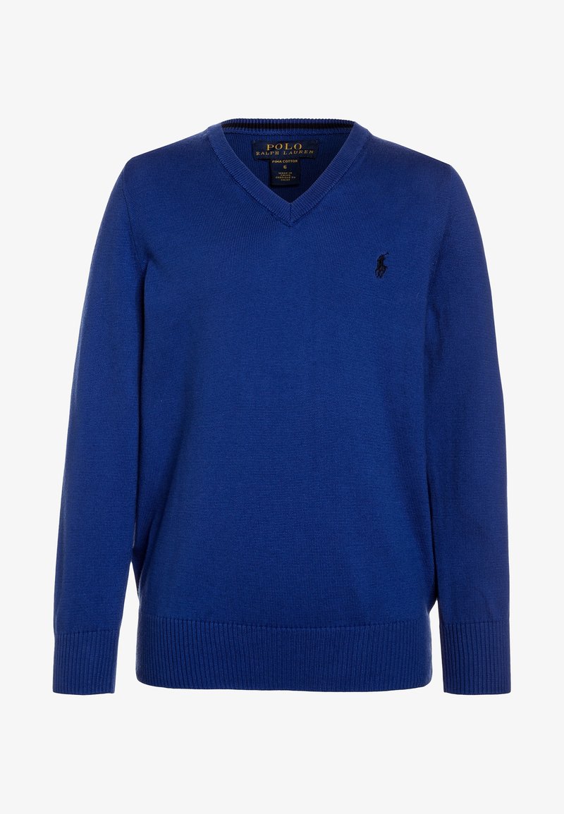 Pull bleu en V en coton fin, avec des bordures côtelées aux poignets et à l'ourlet, et un petit logo brodé sur la poitrine gauche.