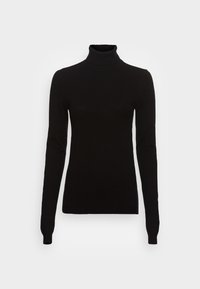 Schwarzer Rollkragenpullover mit langen Ärmel, aus weichem Strickmaterial gefertigt. Verfügt über einen gerippten Kragen und Manschetten sowie eine taillierte Silhouette.
