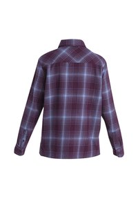 Herre langærmet skjorte med knapper og tern i lilla og lyseblåt, vist bagfra.