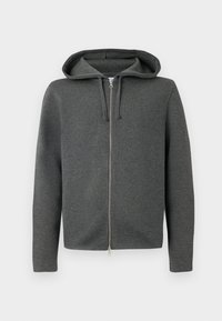 Grå hettegenser med glidelås, laget av myk stoff, med en glatt glidelås og lange ermer. Minimalistisk design, ingen synlige mønstre.