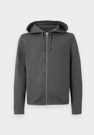 Gray zip-up hoodie with a hood, made of soft fabric, featuring a smooth zipper and long sleeves. Minimal design, no visible patterns.