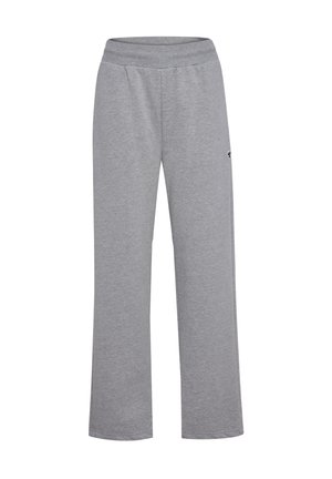 Grå, bløde stof sweatpants med en bred, elastisk talje og en afslappet pasform. Har ingen synlige lommer eller mønstre, minimal branding på siden.