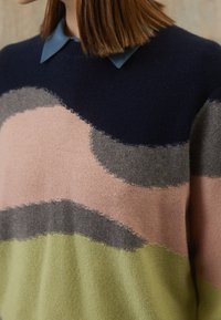 Femme portant un pull tricoté multicolore avec des rayures ondulées bleu marine, rose, grises et vertes, et une chemise bleue à col en dessous.