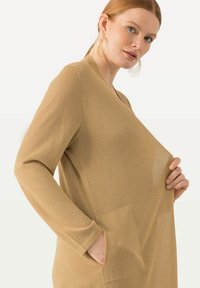 Pull en maille dorée, longueur genou, avec des manches longues, un col en V et une poche frontale. Texture douce avec un design légèrement ajusté.