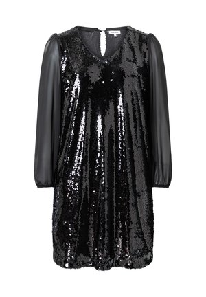 Black sequined dress featuring a V-neck and sheer black long sleeves. The bodice is covered in shining sequins, creating a textured look.