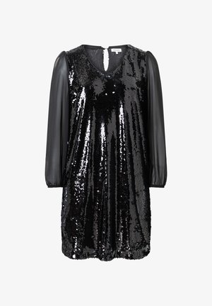 Schwarzes Pailletten-Kleid mit V-Ausschnitt und durchsichtigen schwarzen langen Ärmeln. Das Oberteil ist mit glänzenden Pailletten bedeckt, die ein strukturiertes Aussehen erzeugen.