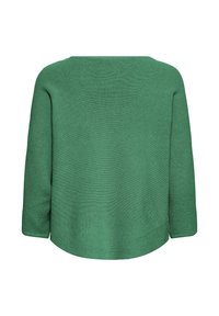 Pull en maille verte à coupe décontractée, manches trois-quarts et ourlet arrondi. Présente une surface texturée sans ornements.