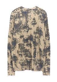 Beige trui met een gestructureerd patroon van donkerblauwe en zwarte stippen. Ronde halslijn, lange mouwen en geribbelde manchetten aan de onderkant.