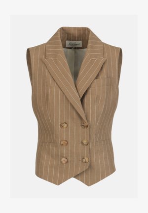 Hnedá dvojradová vesta bez rukávov so žltými pruhmi, s výrezovým klopovým golierom a štyrmi gombíkmi, strih na mieru, predné vrecká a béžová podšívka.
