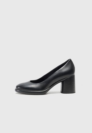 Black leather high-heeled pump with a rounded toe and a block heel. Smooth texture with minimal detailing and a classic silhouette.