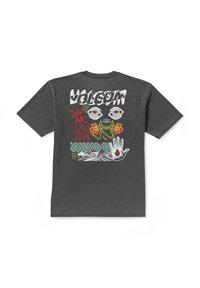 T-shirt en coton gris présentant des motifs graphiques colorés, incluant des yeux, une main et des éléments floraux, avec un col ras du cou et des manches courtes.