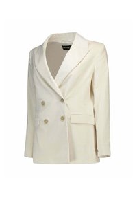 Blazer crema doppiopetto con rever a punta, tessuto texturizzato, due tasche frontali e bottoni rotondi a contrasto. Vestibilità sartoriale.