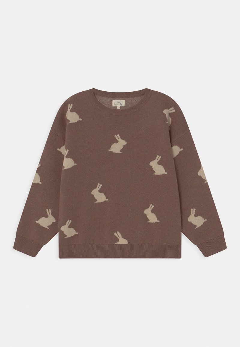 Pull marron à col rond avec un motif de lapins beiges dispersés sur le devant et les manches, avec poignets et bas côtelés.
