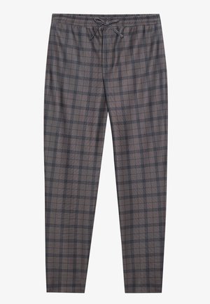 Pantalones de cuadros grises con cinturilla elástica y cordón. El material parece suave, con una textura sutil y líneas negras contrastantes en el patrón.