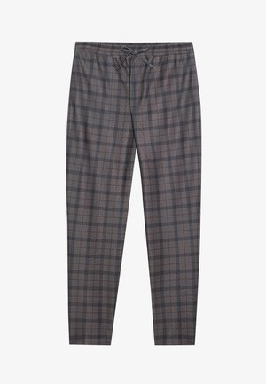 Hallid hallid teksad elastse vöökoha ja paelaga. Materjal näib olevat pehme, kerge tekstuuriga ning mustade joontega mustris.