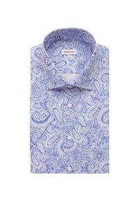 Camicia azzurro chiaro con motivo paisley bianco. Design con bottoni e colletto rigido, realizzata in cotone liscio.