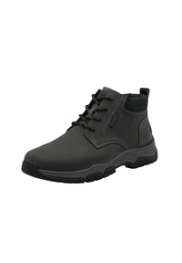 Black leather ankle boot with a rounded toe, lace-up design, padded collar, and rubber sole featuring textured tread for grip.