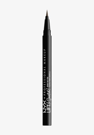 Stylo teinture pour sourcils noir NYX Professional Makeup Lift & Snatch avec une pointe pinceau fine sur fond blanc.