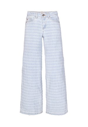 Lichtblauwe wijde jeans met een gestructureerd houndstoothpatroon, voorzien van een knoop- en ritssluiting en vijf pockets.