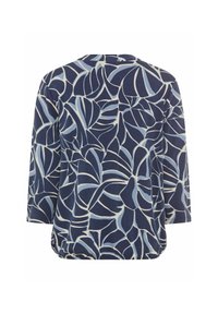 Blauwe langek mouw top met een wit en lichtblauw bladerenpatroon. Gladde textuur met een ronde halslijn en een gathered zoom.