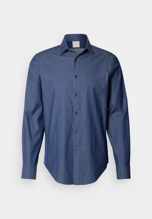 Dark blue button-up shirt made of fabric with a subtle texture. Features a spread collar and long sleeves with button cuffs.