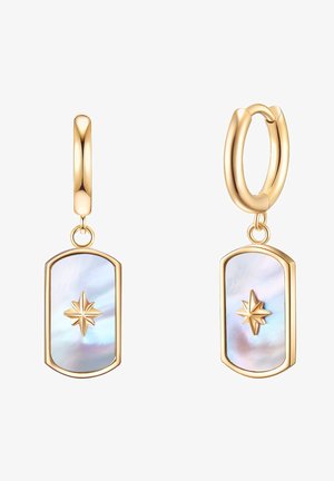 Aranyszínű fülbevalók téglalap alakú, irizáló kagylókkal, csillagrobbanás mintázattal. Sima felület és látható kontrasztos textúrák.