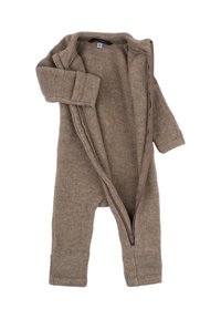 Brauner Woll-Strampler mit langen Ärmeln, Frontreißverschluss und umgeschlagenen Bündchen. Weiche Textur, gemütliches Design und leicht übergroße Passform.