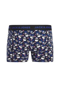 Μαύρα ανδρικά εσώρουχα boxer με συνολικό μοτίβο από λευκά κρανία και πολύχρωμα λουλουδένια σχέδια. Ελαστική μέση με λογότυπο "JACK & JONES".