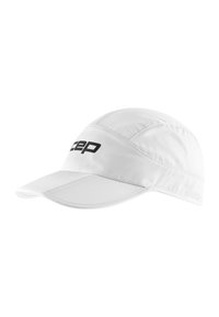 White athletic cap made of lightweight fabric, featuring a curved visor, textured accents, and a black "CEP" logo on the front.