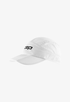 White athletic cap made of lightweight fabric, featuring a curved visor, textured accents, and a black "CEP" logo on the front.