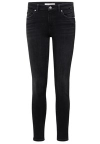 Jean skinny noir avec fermeture à bouton et zip devant, passants pour ceinture et style cinq poches.