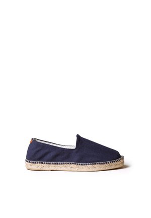Espadrille bleu marine à enfiler avec semelle en jute tressé et couture blanche, vue de côté sur fond blanc.