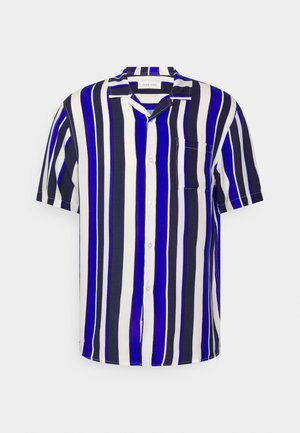 Short-sleeve button-up shirt featuring bold vertical stripes in blue, navy, and white. Includes a chest pocket and a camp collar design.