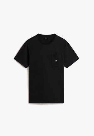 T-shirt in cotone nero con colletto rotondo, maniche corte e una tasca sul lato sinistro del petto con un piccolo cartellino con il marchio. Vestibilità classica e design minimal.