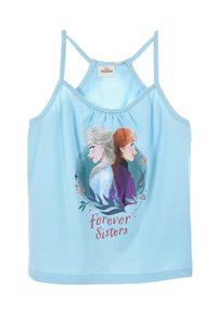 Top sin mangas de algodón azul claro con un gráfico de dos personajes con pelo rubio y pelirrojo, y el texto "Hermanas para siempre" en rosa.